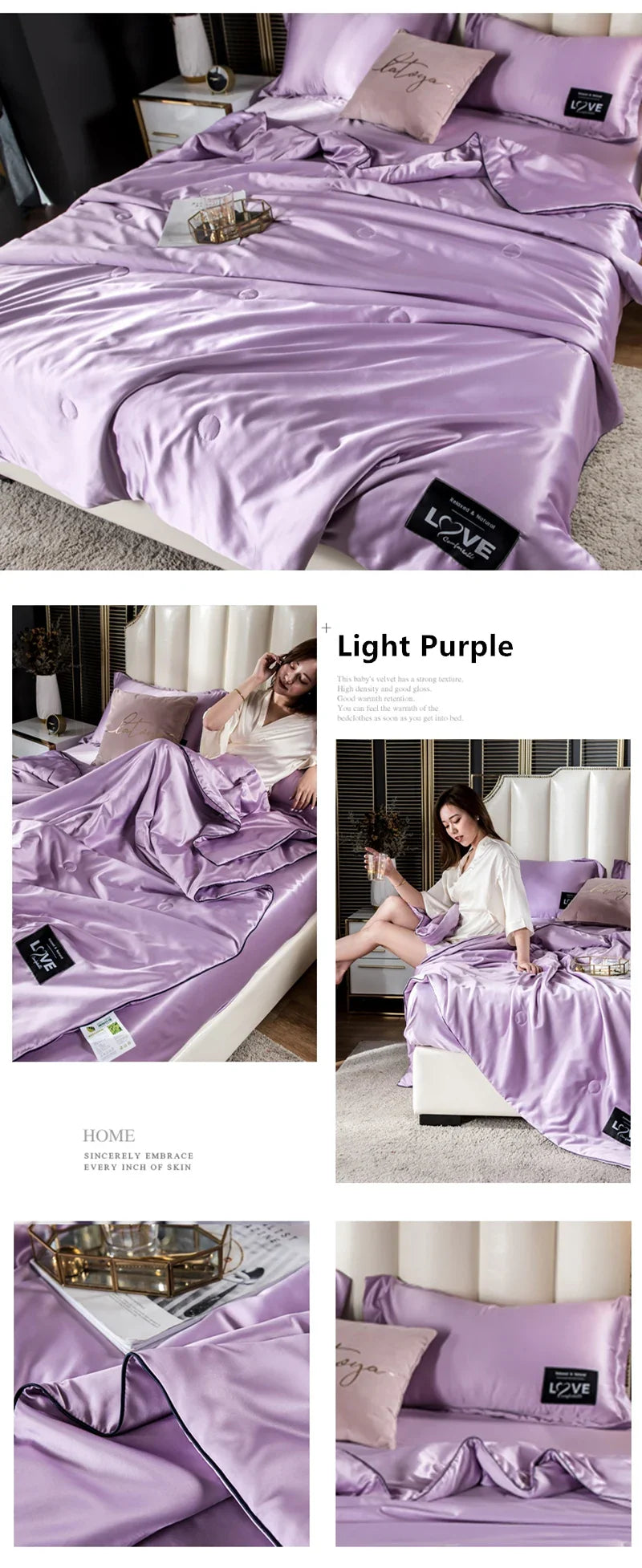 Light purple satin summer mulberry silk comforter with subtle sheen and black embroidered love labels on duvet cover