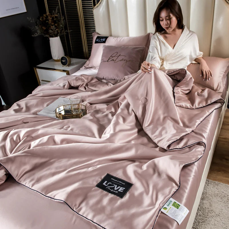 Summer mulberry silk comforter duvet insert in blush pink satin with black piping for queen double twin beds