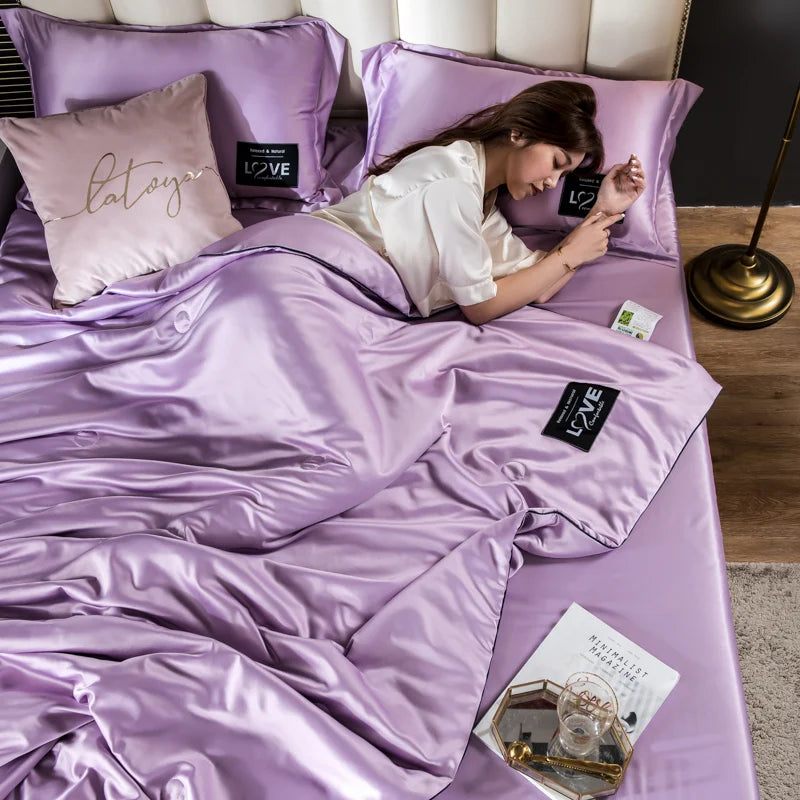 Lavender satin summer mulberry silk comforter duvet insert with glossy finish and matching pillowcases queen size