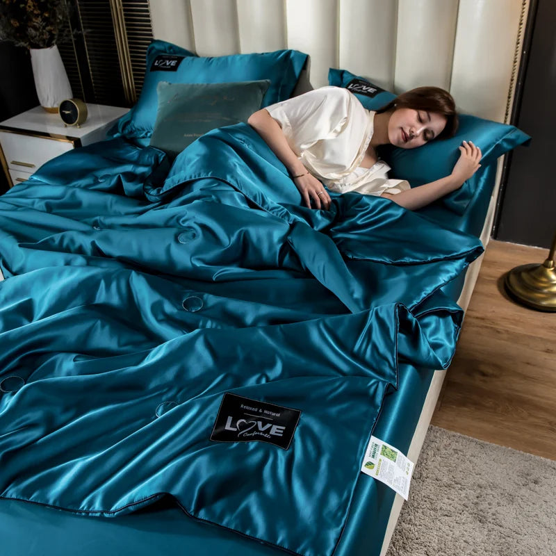 Teal satin bedding set with glossy finish and matching pillowcases in summer mulberry silk comforter duvet insert