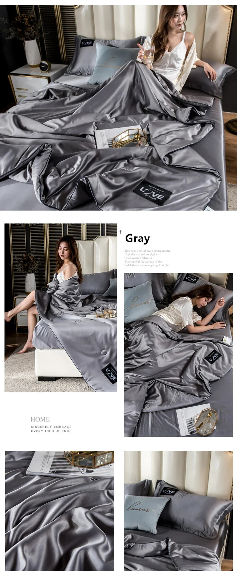 Gray satin summer mulberry silk comforter duvet insert with smooth glossy finish and subtle sheen for luxury bedding