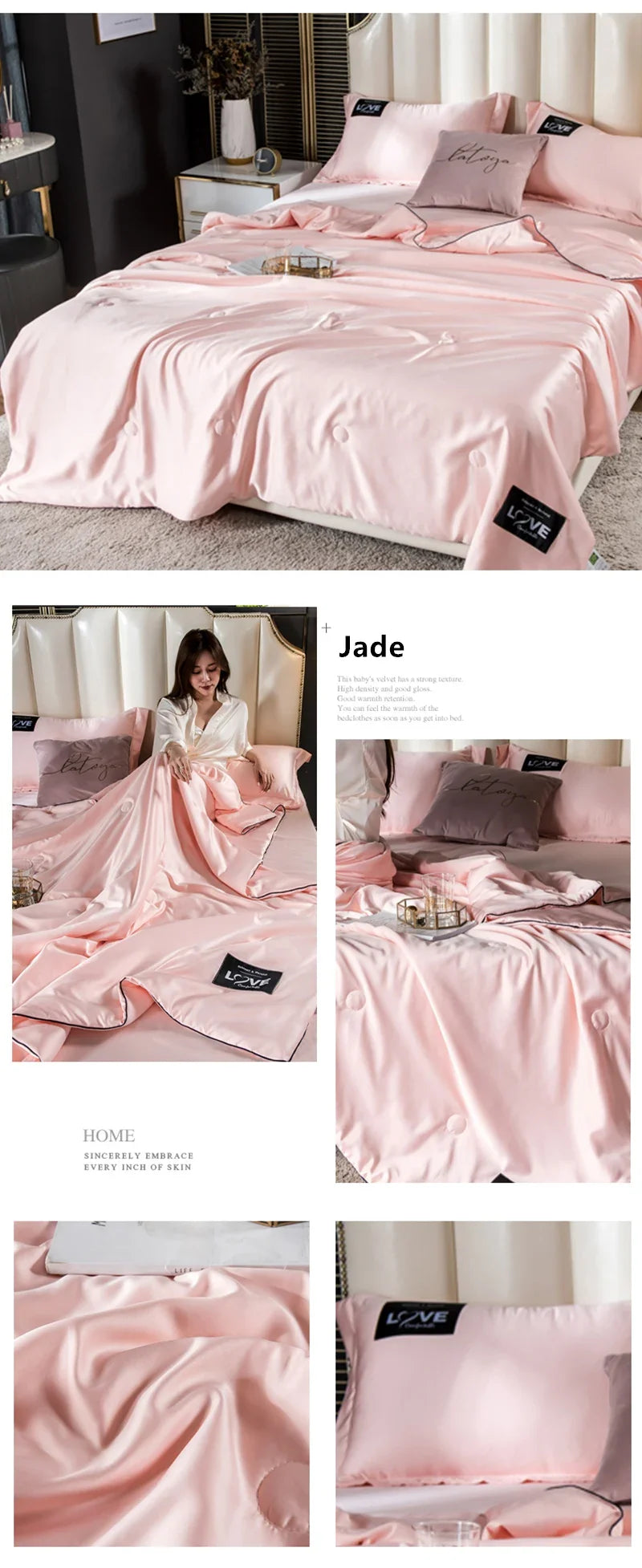Pink satin summer mulberry silk comforter duvet insert with subtle sheen and black embroidered label pillows
