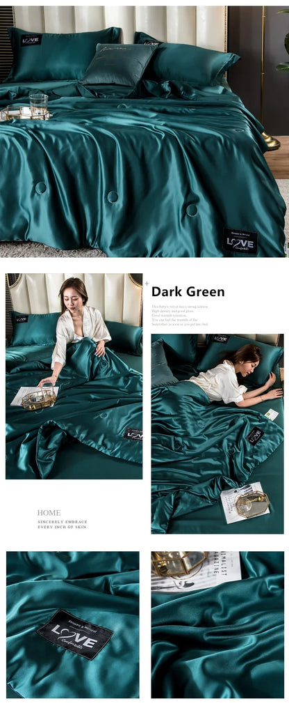Dark green satin summer mulberry silk comforter duvet insert with smooth glossy finish and subtle button detailing