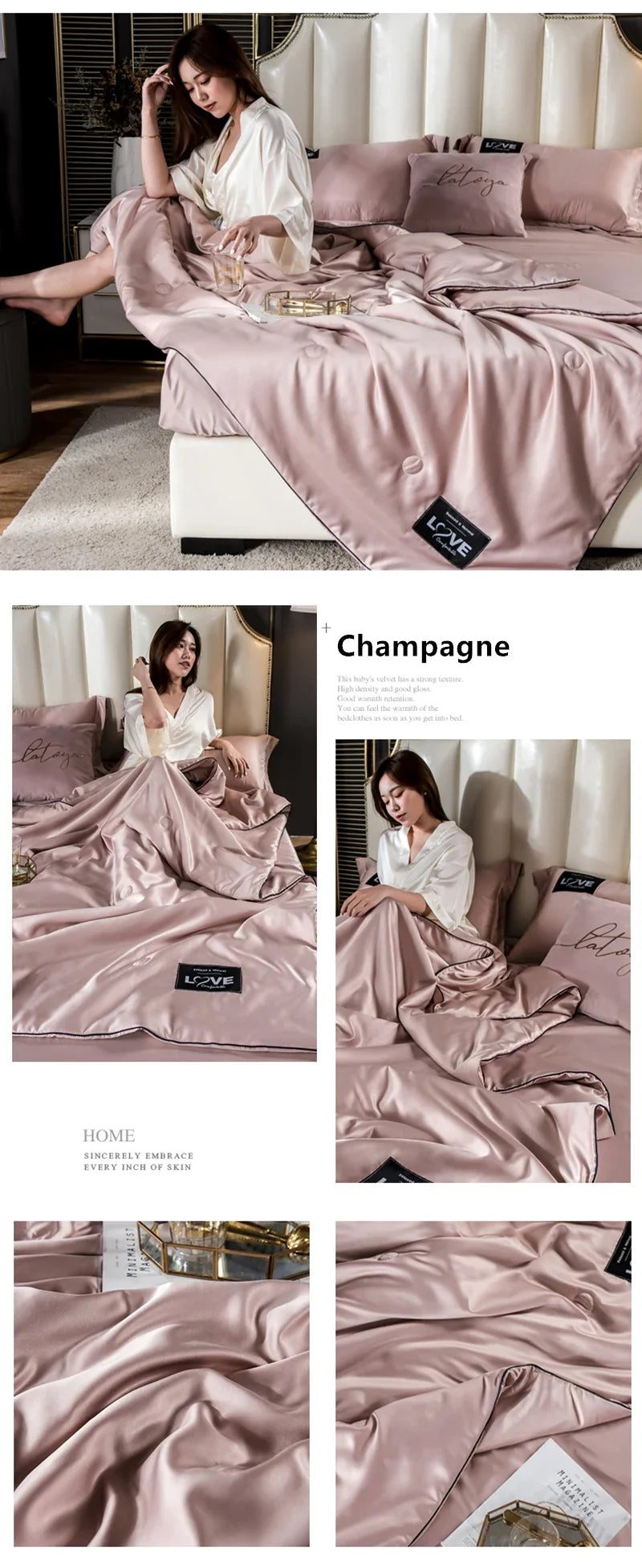 Champagne-colored satin summer mulberry silk comforter duvet insert with smooth texture and black brand tags