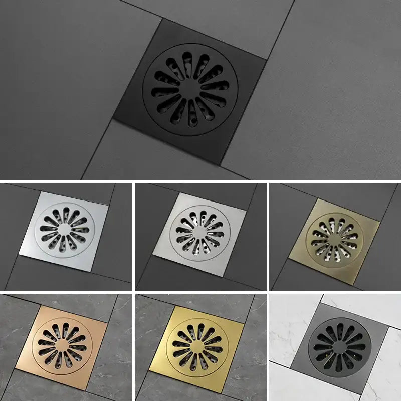 Sunburst brass square shower floor drain with radiating slots in brushed stainless steel polished chrome and gold tones