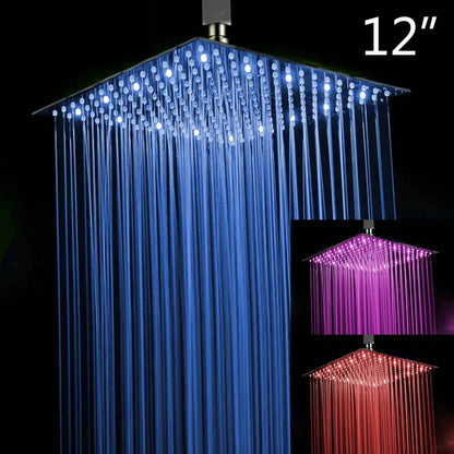 Super slim matte black square rain shower head with 12-inch metallic finish and led water streams