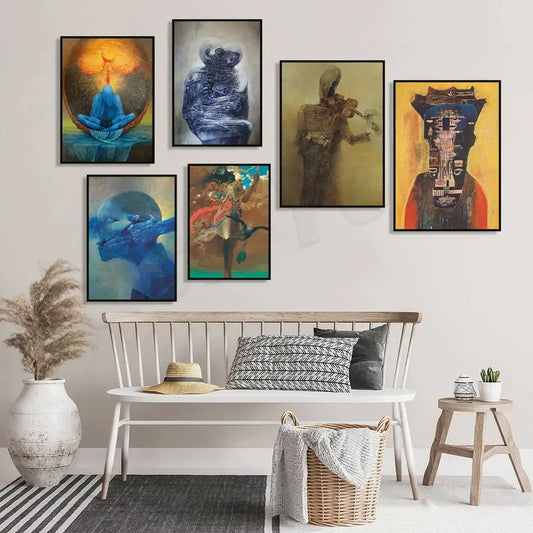 Six framed decorbites beksinski prints with black frames hang on a white wall above a wooden bench in living room