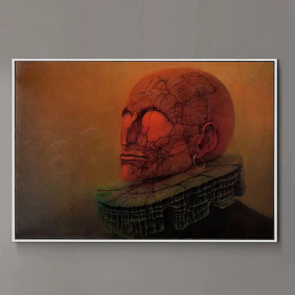 Surreal gothic decorbites beksinski prints featuring a cracked red skull with gold hoop earring and green ruff collar wall art