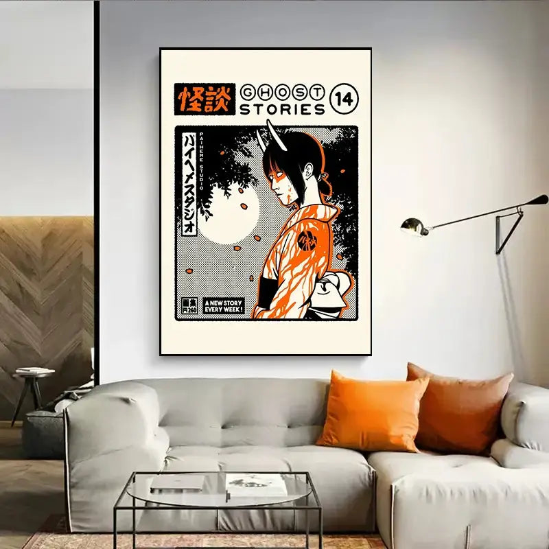 Decorbites™ takoyaki ramen canvas wall art featuring a framed orange and black horned character on cream background