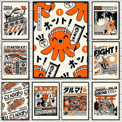 Orange octopus-themed canvas painting wall art by paheme studio featuring japanese food design on white background