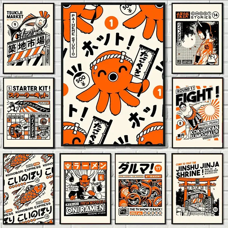 Orange octopus-themed canvas painting wall art by paheme studio featuring japanese food design on white background