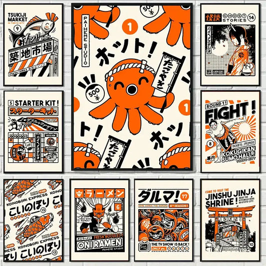Decorbites takoyaki ramen canvas wall art featuring orange octopus japanese food design by paheme studio