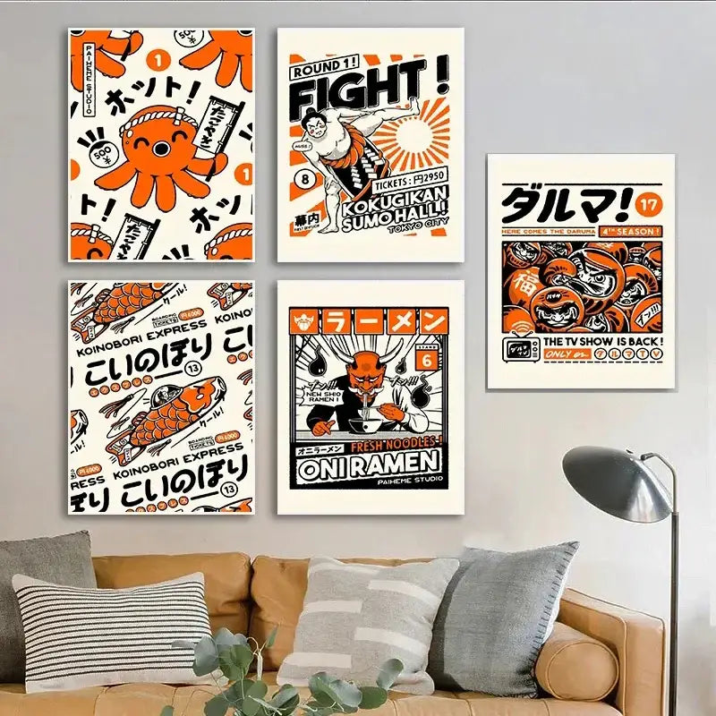 Set of five orange and black japanese-themed canvas wall art featuring sumo wrestlers and japanese food illustrations