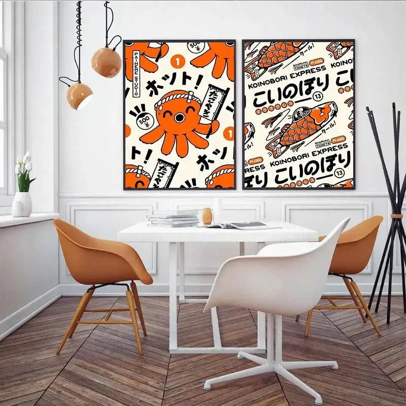 Two framed decorbites™ canvas wall art with vibrant orange designs of cartoon octopuses, koi fish, and japanese food text