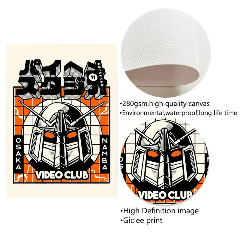 DecorBites™ takoyaki ramen canvas wall art featuring vibrant orange and black gundam head on waterproof fabric