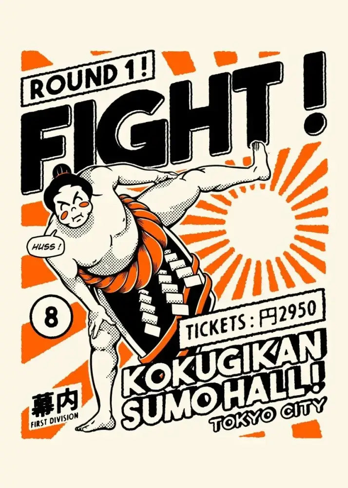 Vibrant orange and black canvas painting wall art featuring a sumo wrestler in traditional mawashi for japanese food decor