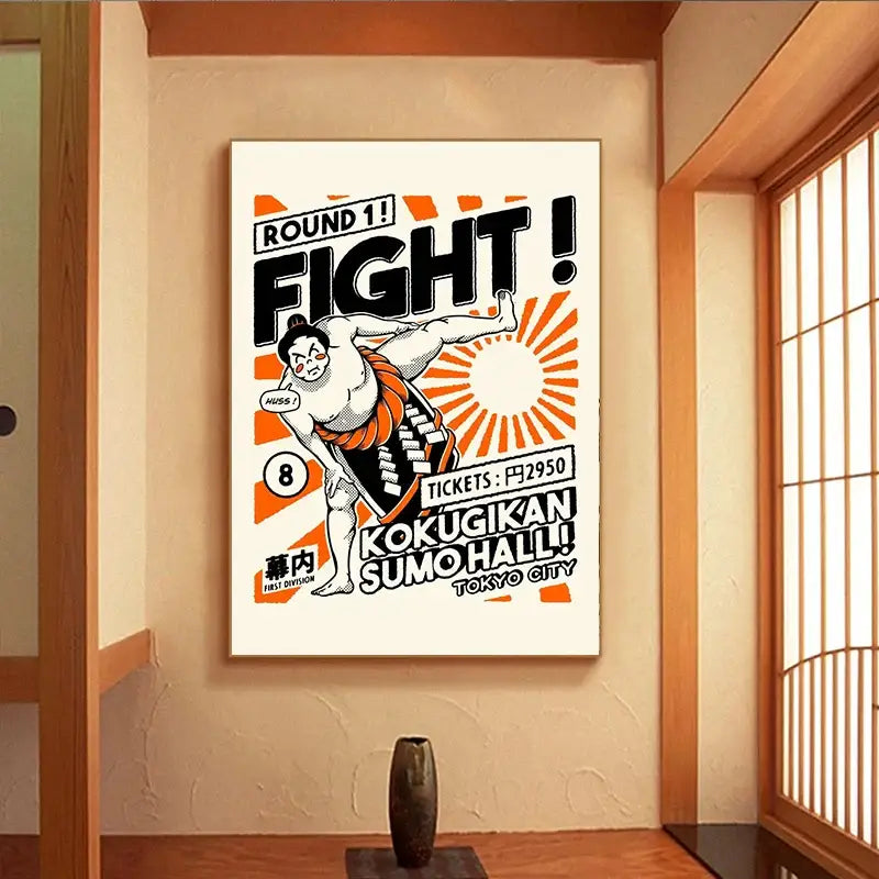 Vintage-style sumo wrestler wall art in bold black and orange on white canvas painting featuring japanese food themes