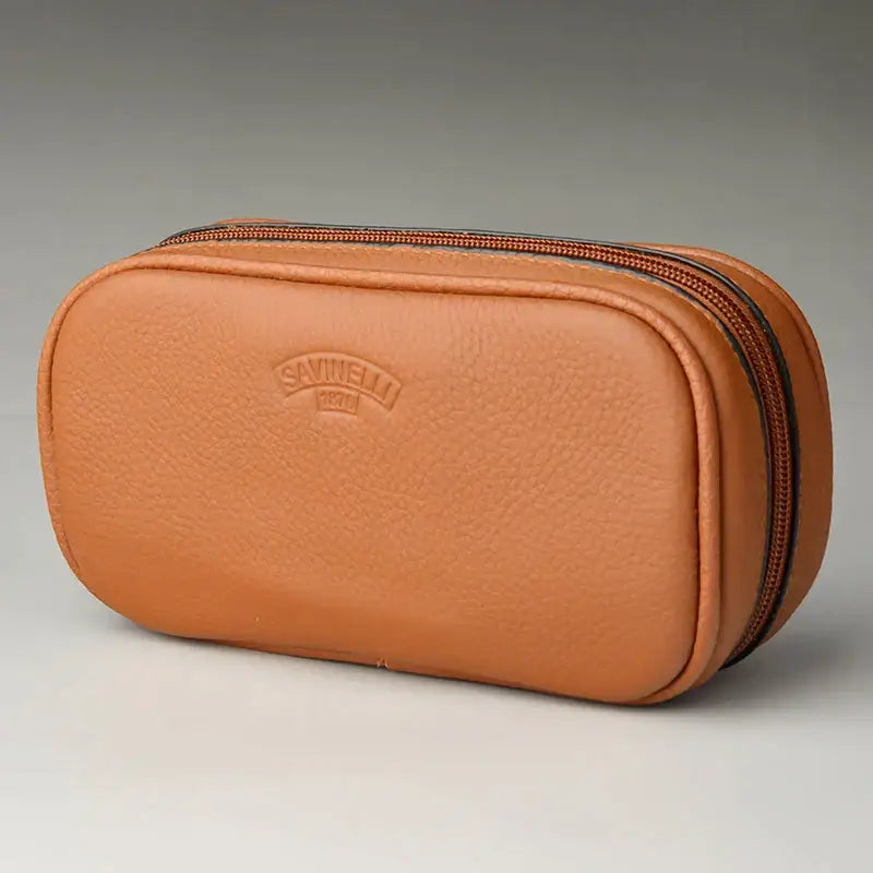 Tan cowhide leather pipe case with dual zippers and embossed decorbites cowhide leather branding for 3 pipes storage