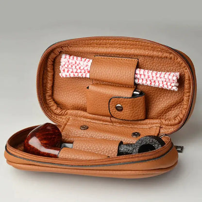 Tan cowhide leather pipe case with two pipes and a red and white striped cleaning cloth for office storage by decorbites cowhide leather