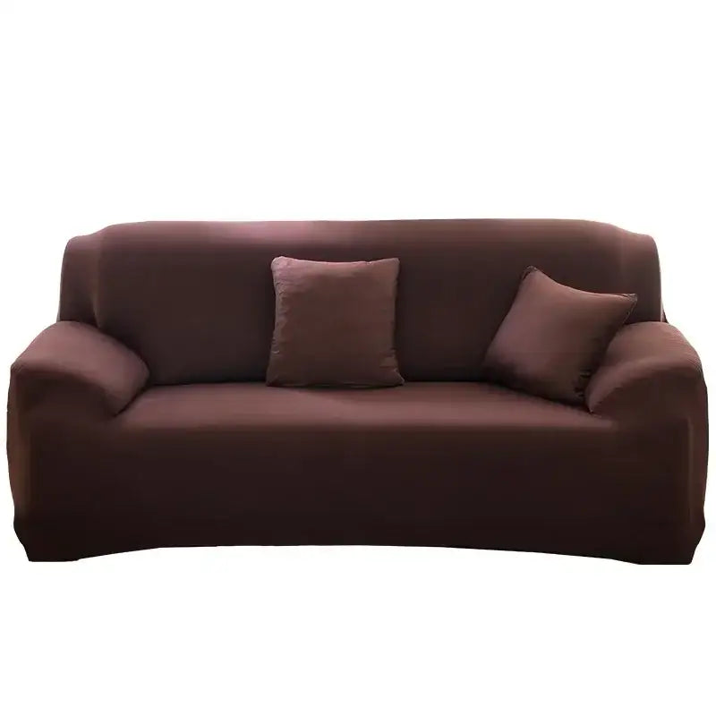 Tan stretchy silk sofa cover in brown with matching throw pillows for living room and accent chairs use
