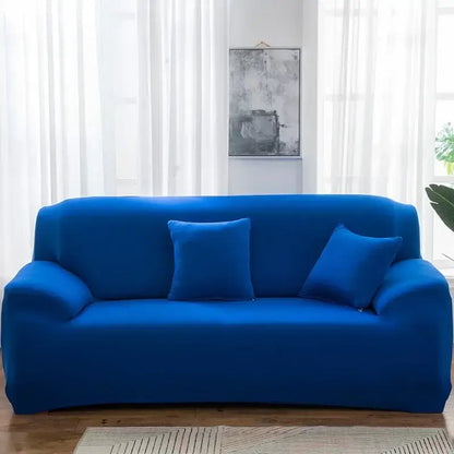Vibrant royal blue stretchy silk sofa cover with matching pillows for living room and accent chairs