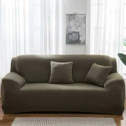 Olive green stretch silk sofa cover with matching pillows for living room and accent chairs use