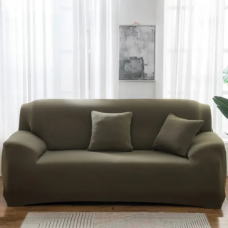 Olive green stretch silk sofa cover with matching pillows for living room and accent chairs use