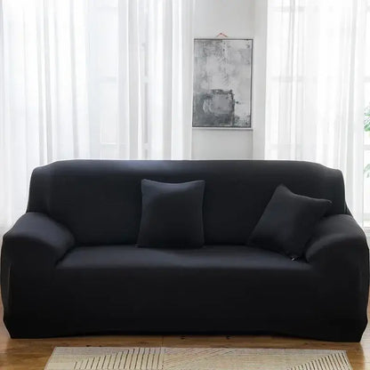 Black stretchy silk sofa cover with two matching pillows for living room and accent chairs use