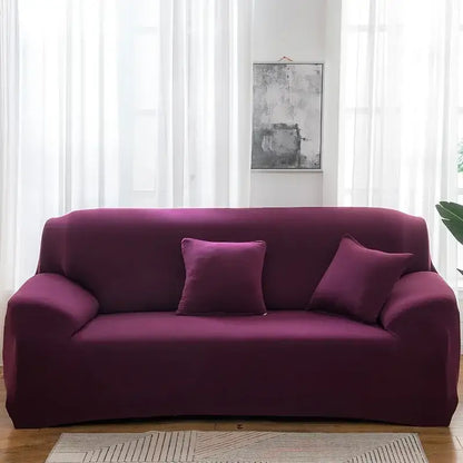 Purple stretchy silk sofa cover with matching pillows for living room and accent chairs use
