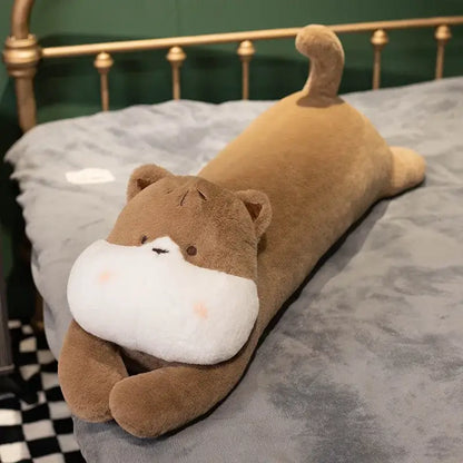 Tan white and beige decorbites dog sleeper body pillow made of soft plush fur for bedroom leg support and comfort
