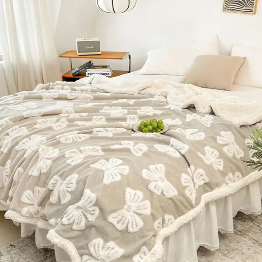 Taupe and white butterfly jacquard wool blanket fleece throw with raised bow patterns and matching ruffled edge decorbites butterfly jacquard