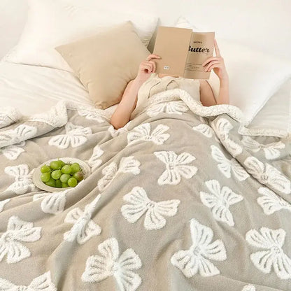 Soft gray wool blanket with plush white butterfly jacquard embroidery taupe and white decorbites fleece throw