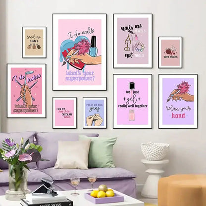 Teal and gold beauty salon wall art set featuring framed pink and purple nail art posters for salon wall decor