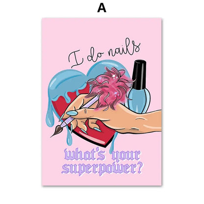 Pink rectangular canvas print with cartoon hand and nail polish bottles featuring text for beauty salon wall art set