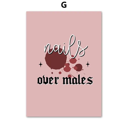 Pink rectangular beauty salon wall art poster featuring nails over males phrase with maroon nail polish splatter accents