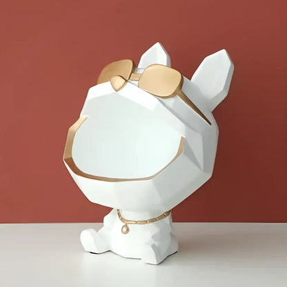 White geometric big mouth dog figurine with gold-tone sunglasses and chain necklace for living room decorbites big mouth organizer