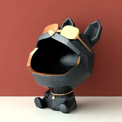 Black speckled big mouth dog decorbites tray with gold-tone sunglasses and collar for living room organization