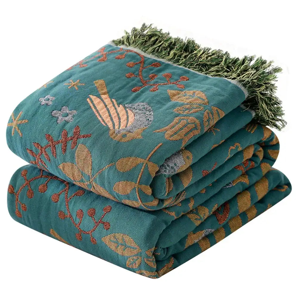 Teal and gold embroidered bird non-slip sofa blanket with decorbites cotton gauze and green fringe for living room decor
