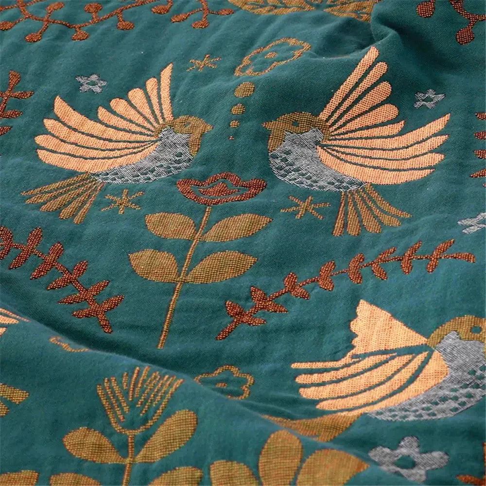 Teal birds jacquard cotton sofa cover with embroidered birds and floral patterns in gold rust and silver thread for living room decor