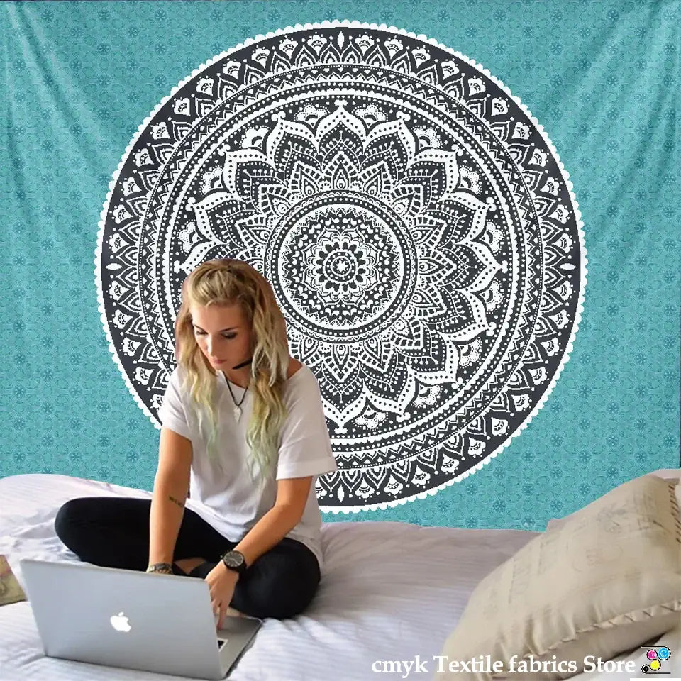 Teal black and white bohemian mandala wall hanging featuring a detailed mandala design for bedroom decorbites decorbites bohemian mandala