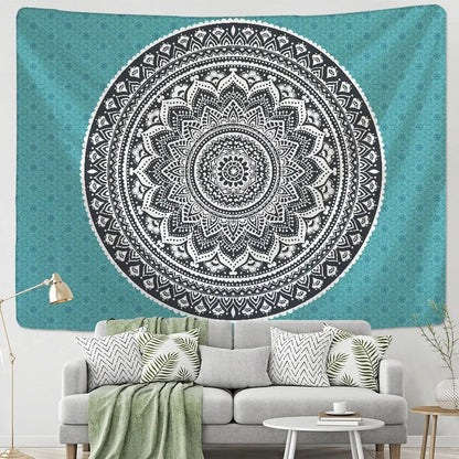 Teal black and white bohemian mandala wall hanging with intricate geometric patterns for decorbites bohemian mandala decor