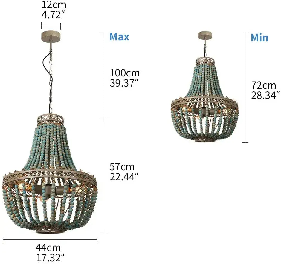 Teal blue wood beads pendant light with metal frame and chain suspension featuring decorbites blue wood beads chandelier