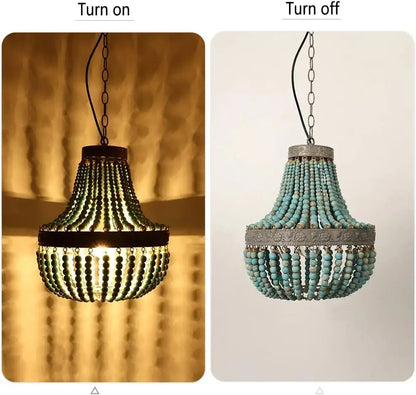 Teal blue wood beads pendant light with turquoise beaded chandelier and metallic ornate frame for decorbites blue wood decor