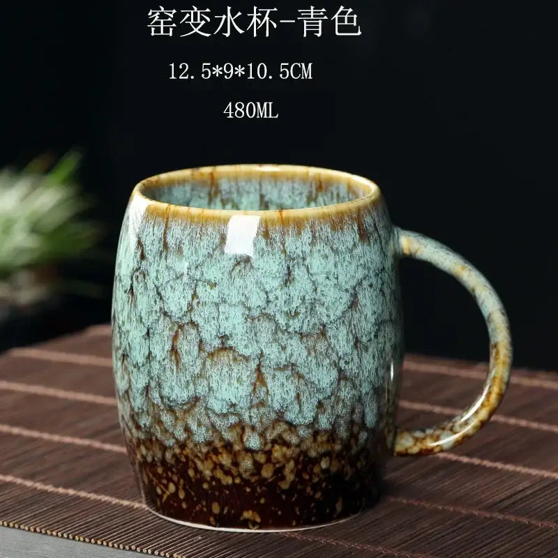 Teal and brown crackle glaze 480ml ceramic mug with textured surface and sturdy handle for kitchen coffee use