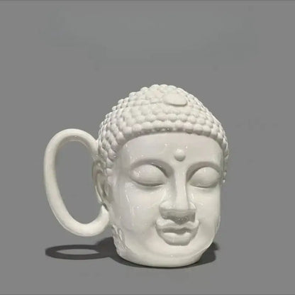 White ceramic decorbites buddha sculpture coffee mug with detailed ushnisha and dot for kitchen decor