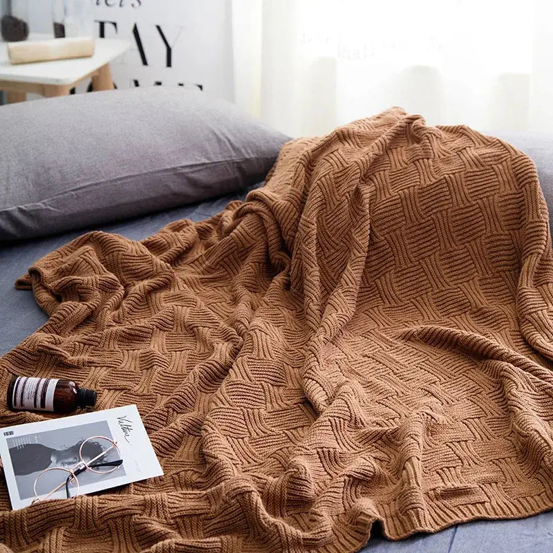 Cozy jacquard blanket by decorbites in rust color with a textured herringbone pattern for living room decor