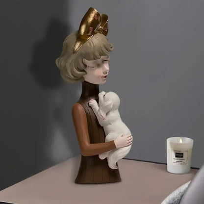 A glossy resin bowknot cat girl figurine with blonde hair and gold bow holding a white puppy for living room decor