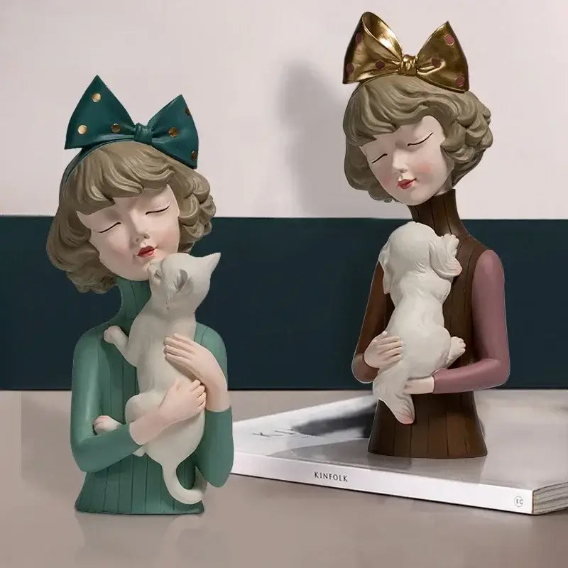Two stylized resin cat girl figurines with teal and gold bowknot decor for living room decorbites bowknot cat collection