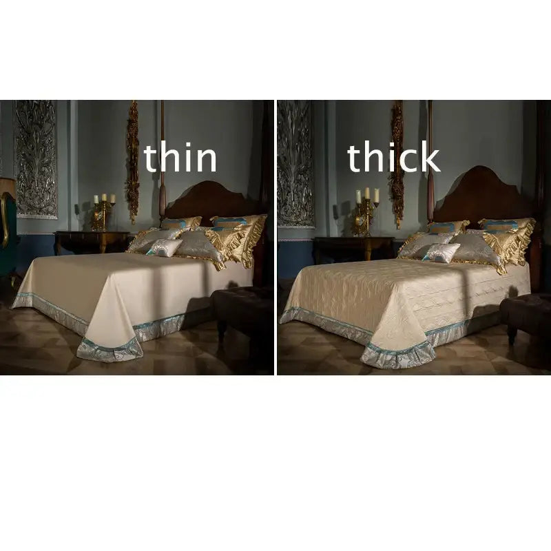 Cream-colored satin bedding set with gold and teal embroidered trim made from 200s egyptian cotton