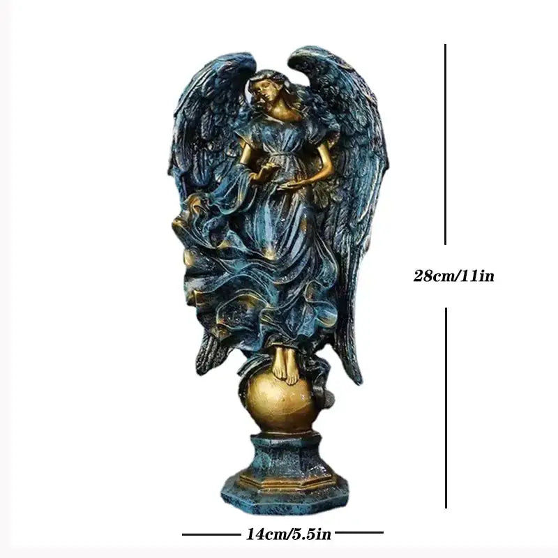 A detailed prayer angel goddess statue with outstretched wings in teal and gold patina for greek mythology decor